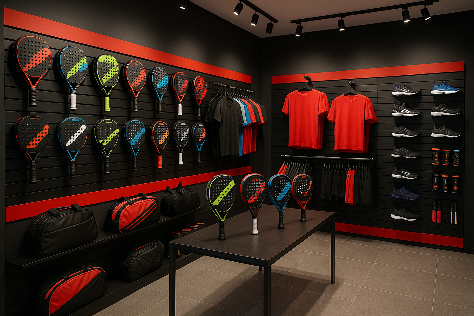 Tienda de pádel luminosa con pared de malla metálica y expositores para palas y bolsas